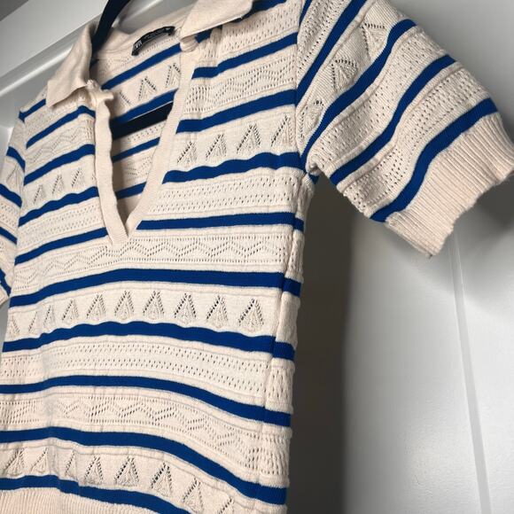 Zara Women’s Small Knit Polo Shirt with Pinstripes, Short Sleeves - Picture 3 of 3